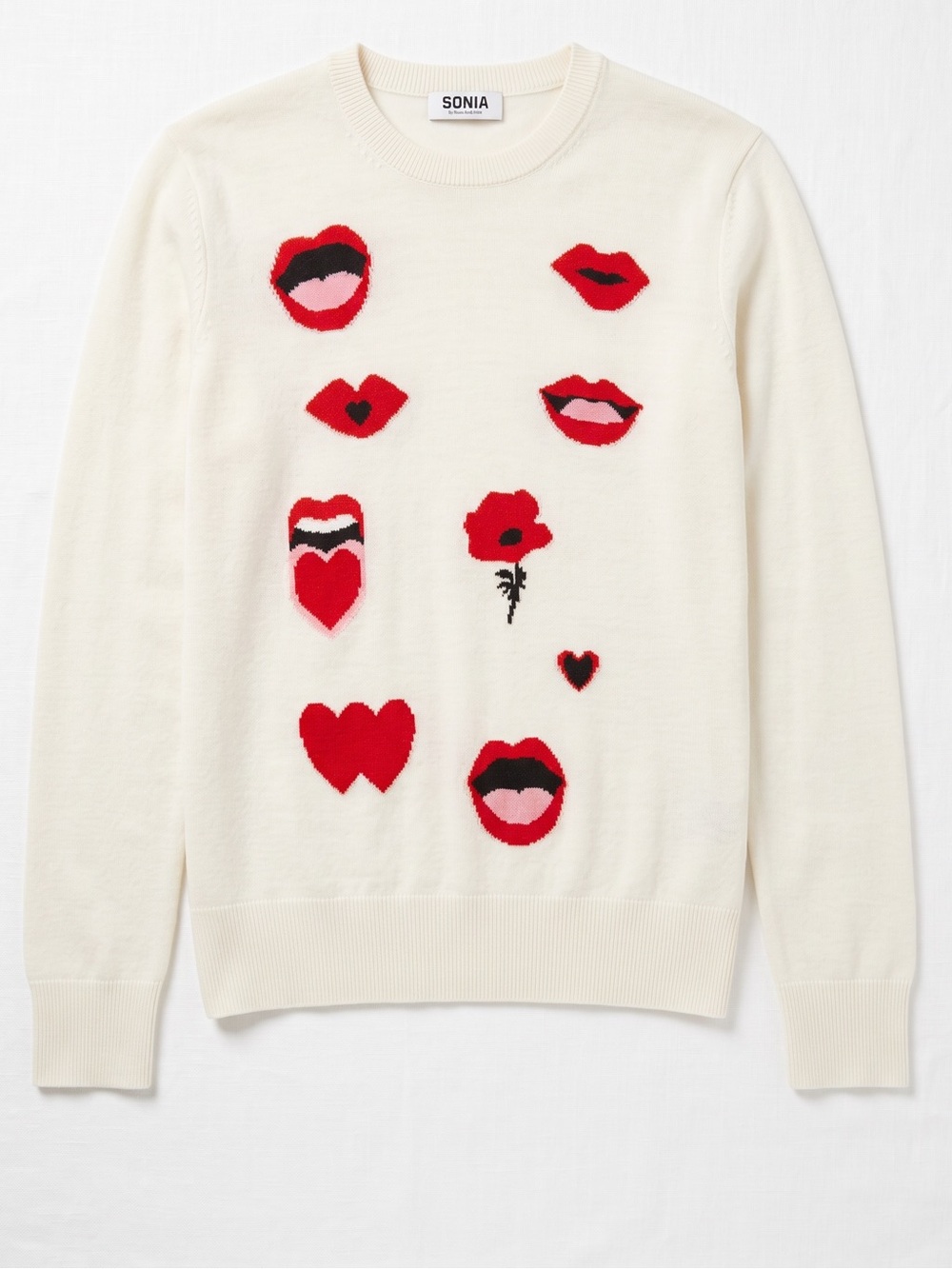 Sonia by Sonia Rykiel Intarsia Lips Hearts Poppy Sweater Cream Wool M - Picture 1 of 6